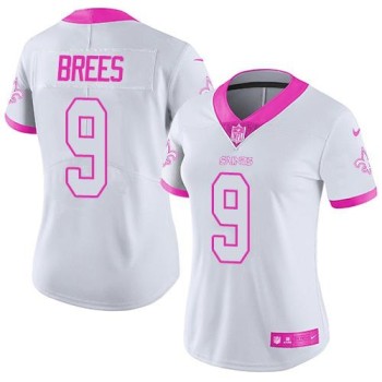 Saints #9 Drew Brees White/Pink Women's Stitched NFL Limited Rush Fashion Jersey