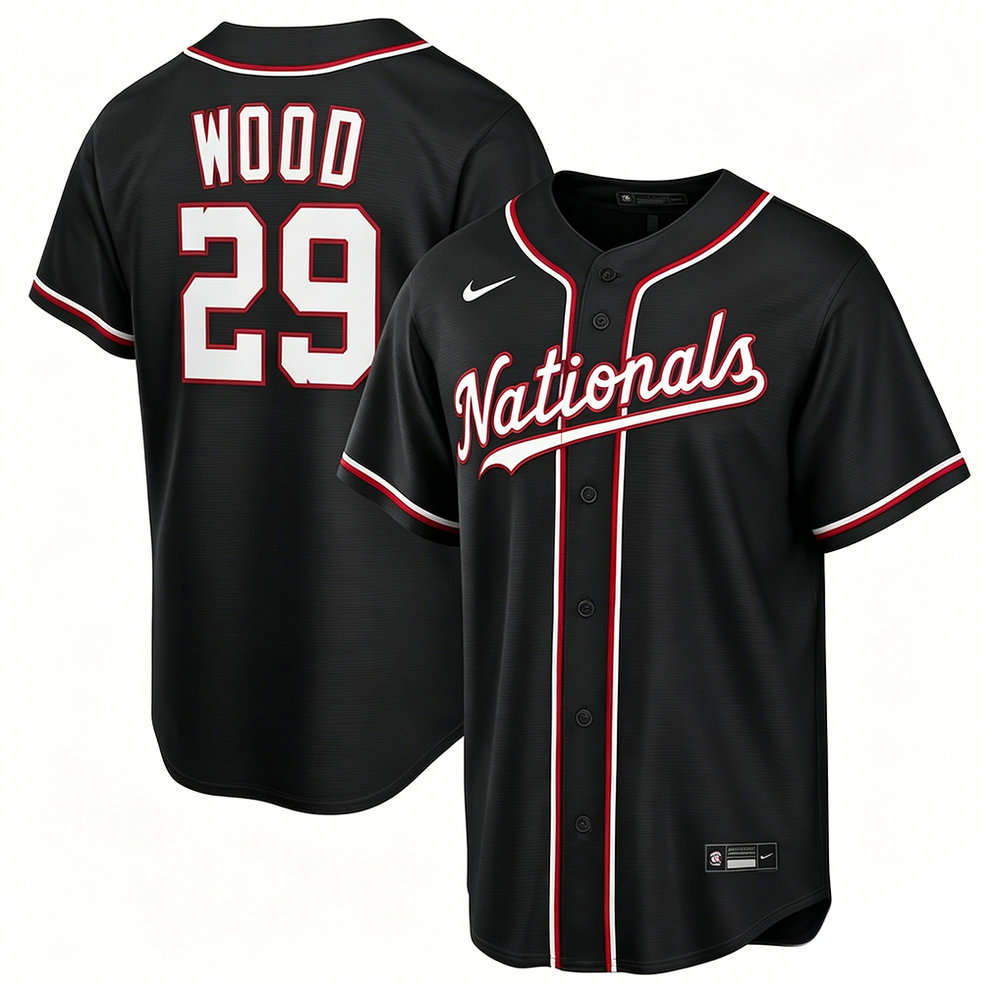 Men's Washington Nationals #29 James Wood Black Fashion Replica Player Jersey
