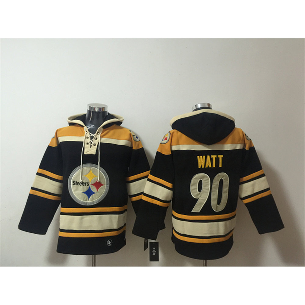 Men's Pittsburgh Steelers #90 T. J. Watt Black Ageless Must-Have Lace-Up Pullover Hoodie Men's Pittsburgh Steelers #90 T. J. Watt Black Ageless Must-Have Lace-Up Pullover Hoodie