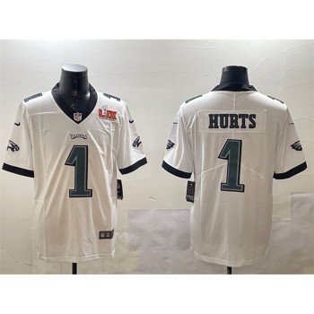 Men's Philadelphia Eagles #1 Jalen Hurts White 2025 Super Bowl LIX Patch Vapor Untouchable Limited Stitched Football Jersey Men's Philadelphia Eagles #1 Jalen Hurts White 2025 Super Bowl LIX Patch Vapor Untouchable Limited Stitched Football Jersey