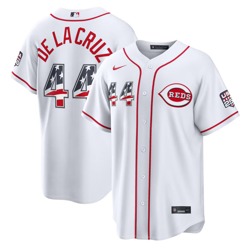 Men's Cincinnati Reds #44 Elly De La Cruz Nike White USA 250 Fourth of July Home Stadium Jersey Men's Cincinnati Reds #44 Elly De La Cruz Nike White USA 250 Fourth of July Home Stadium Jersey