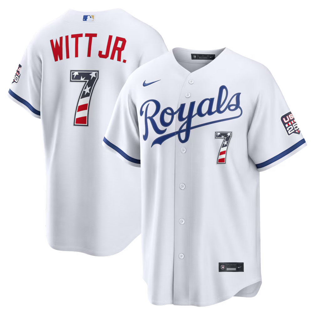 Men's Kansas City Royals #7 Bobby Witt Jr. Nike White USA 250 Fourth of July Home Stadium Jersey Men's Kansas City Royals #7 Bobby Witt Jr. Nike White USA 250 Fourth of July Home Stadium Jersey
