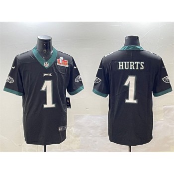Men's Philadelphia Eagles #1 Jalen Hurts Black 2025 Super Bowl LIX Patch Vapor Untouchable Limited Stitched Football Jersey Men's Philadelphia Eagles #1 Jalen Hurts Black 2025 Super Bowl LIX Patch Vapor Untouchable Limited Stitched Football Jersey