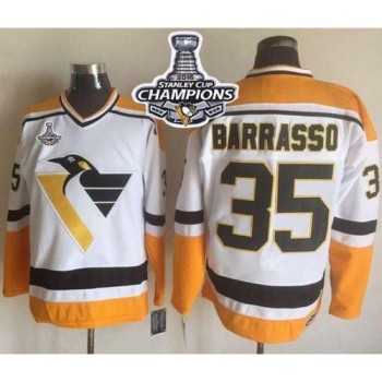 Penguins #35 Tom Barrasso White/Yellow CCM Throwback 2016 Stanley Cup Champions Stitched NHL Jersey