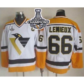 Penguins #66 Mario Lemieux White/Yellow CCM Throwback 2016 Stanley Cup Champions Stitched NHL Jersey