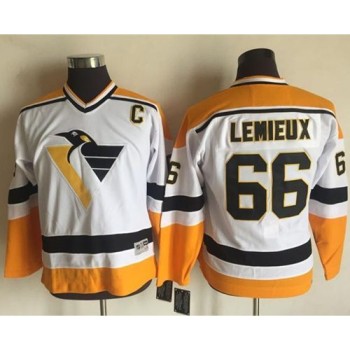 Penguins #66 Mario Lemieux White/Yellow CCM Throwback Stitched Youth NHL Jersey