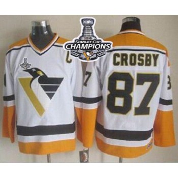 Penguins #87 Sidney Crosby White/Yellow CCM Throwback 2016 Stanley Cup Champions Stitched NHL Jersey