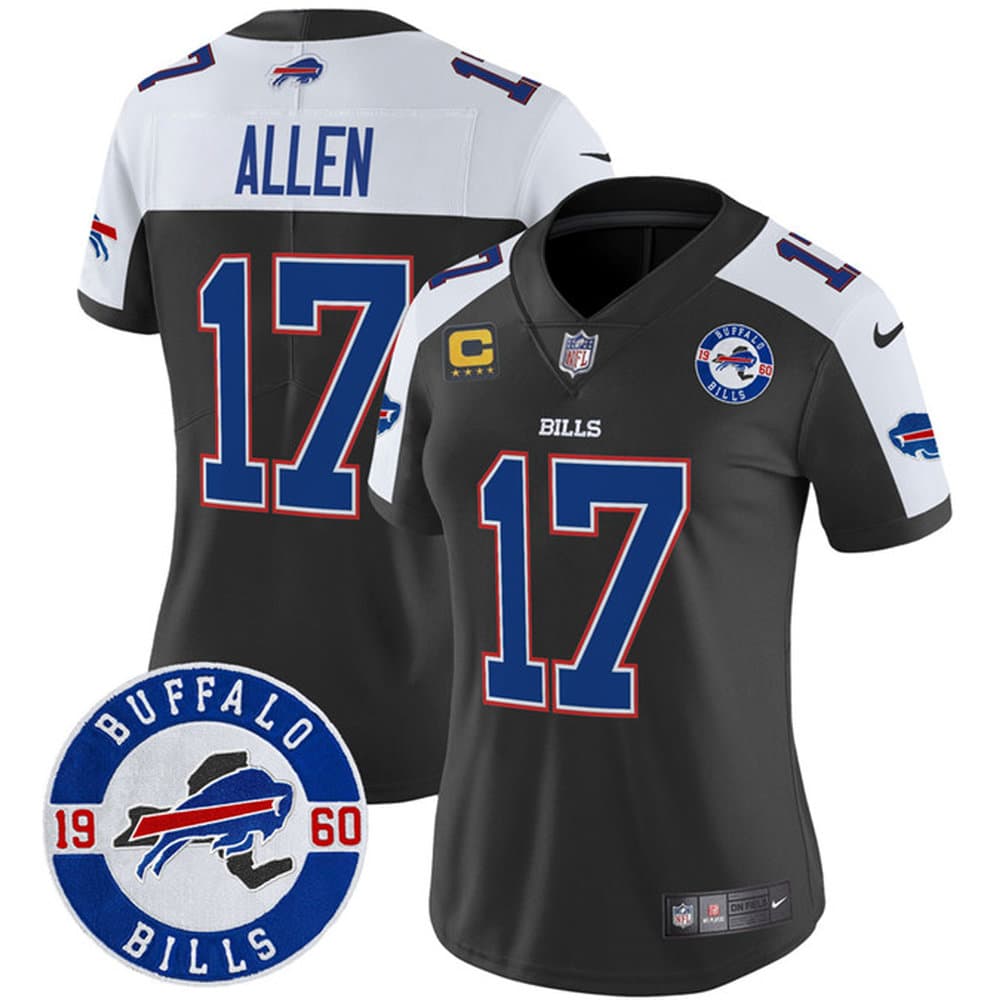Women's Buffalo Bills #17 Josh Allen Black With 4-Star C Patch & Est. 1960 Patch Vapor Limited Jersey Women's Buffalo Bills #17 Josh Allen Black With 4-Star C Patch & Est. 1960 Patch Vapor Limited Jersey
