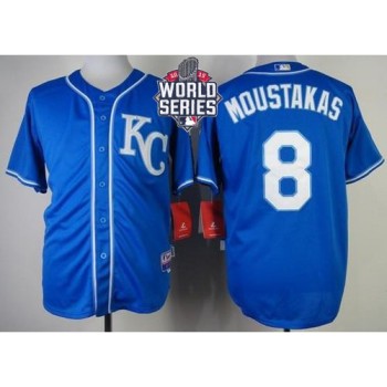 Royals #8 Mike Moustakas Blue Alternate 2 Cool Base W/2015 World Series Patch Stitched MLB Jersey