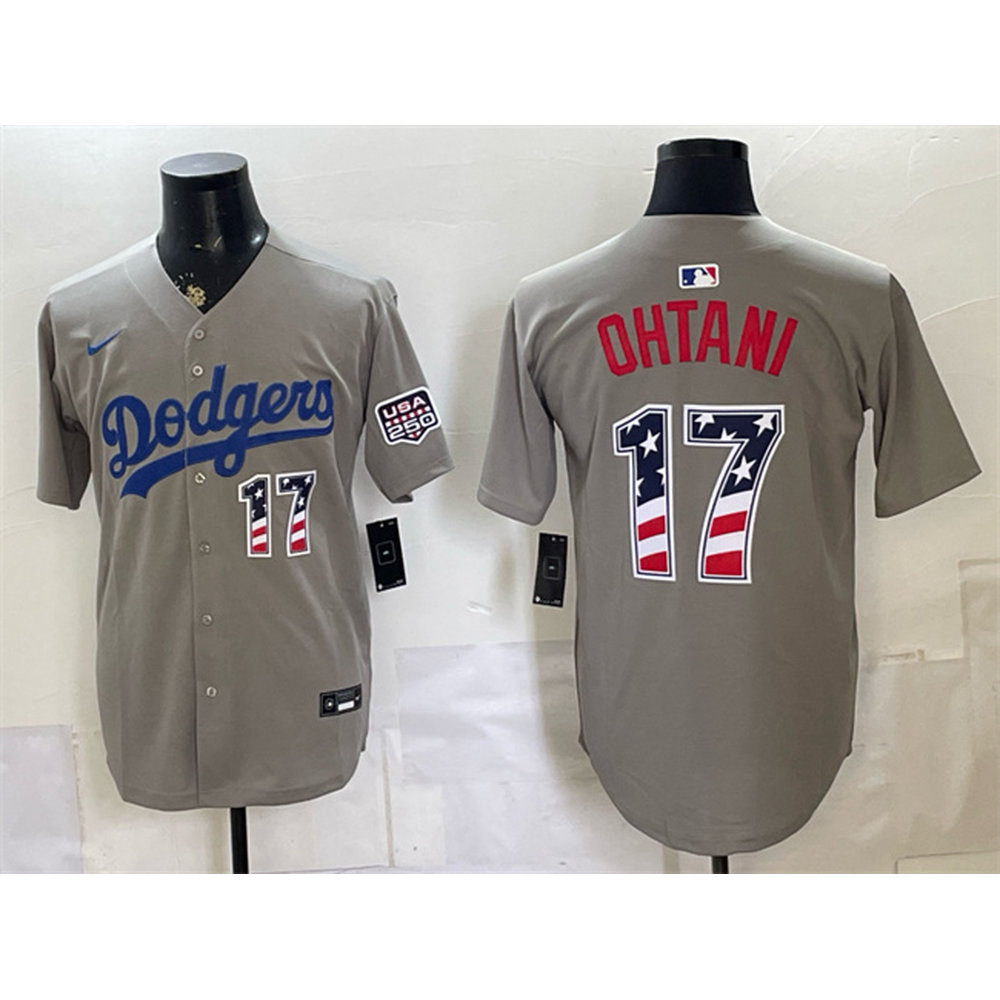 Men's Los Angeles Dodgers #17 Shohei Ohtani Grey 250 Fourth of July Road Stitched Baseball Jersey Men's Los Angeles Dodgers #17 Shohei Ohtani Grey 250 Fourth of July Road Stitched Baseball Jersey