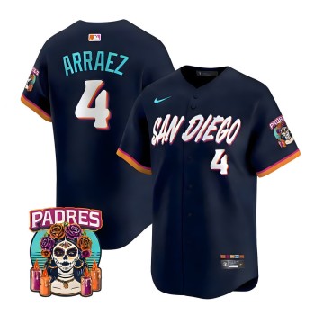 Men's San Diego Padres #4 Luis Arraez Navy 2026 City Connect Stitched Jersey-Button Up Men's San Diego Padres #4 Luis Arraez Navy 2026 City Connect Stitched Jersey-Button Up