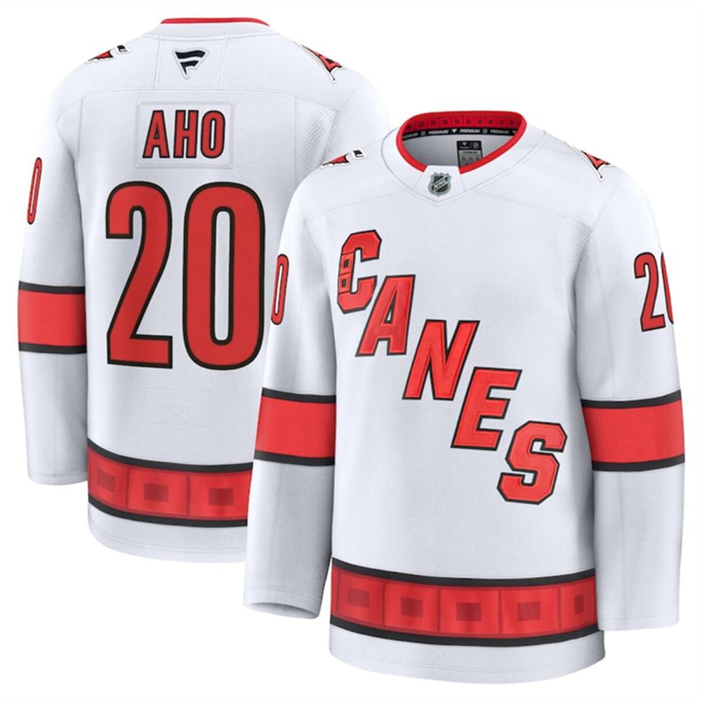 Men's Carolina Hurricanes #20 Sebastian Aho White 2024-25 Away Stitched Hockey Premium Jersey
