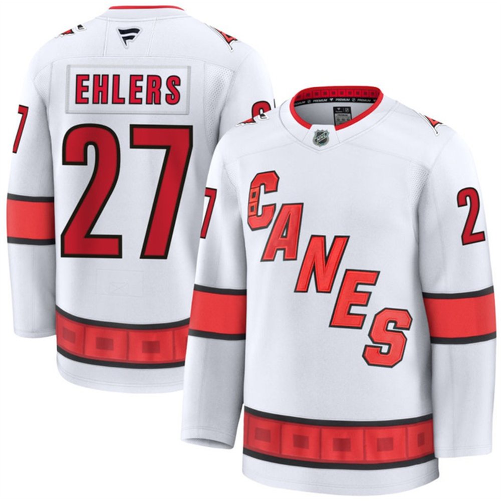 Men's Carolina Hurricanes #27 Nikolaj Ehlers White 2024-25 Away Stitched Hockey Premium Jersey Men's Carolina Hurricanes #27 Nikolaj Ehlers White 2024-25 Away Stitched Hockey Premium Jersey