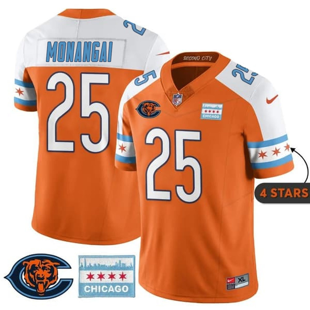 Men's Chicago Bears #25 Kyle Monangai Orange Alternate City Edition With Chicago Flag Vapor F.U.S.E. Untouchable Limited Jersey