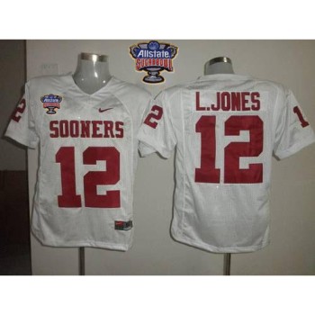 Sooners #12 Landy Jones White 2014 Sugar Bowl Patch Stitched NCAA Jersey