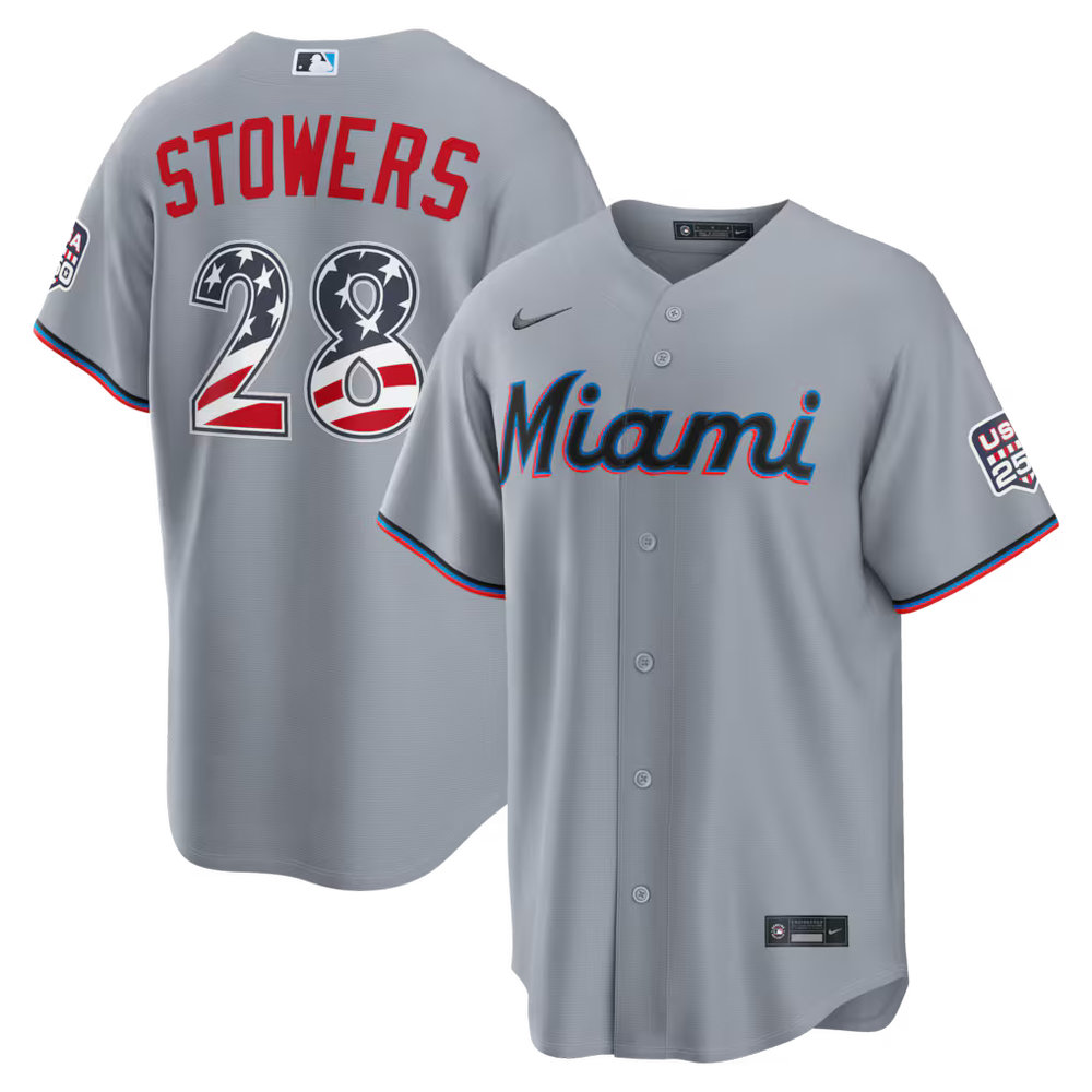 Men's Miami Marlins #28 Kyle Stowers Nike Gray USA 250 Fourth of July Road Stadium Jersey Men's Miami Marlins #28 Kyle Stowers Nike Gray USA 250 Fourth of July Road Stadium Jersey
