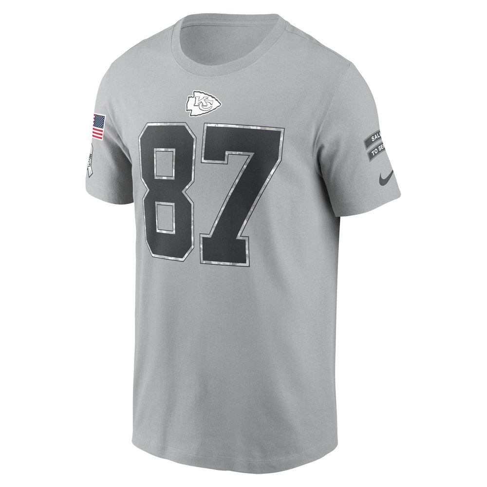 Men's Kansas City Chiefs #87 Travis Kelce Gray 2024 Salute To Service Name & Number T-Shirt