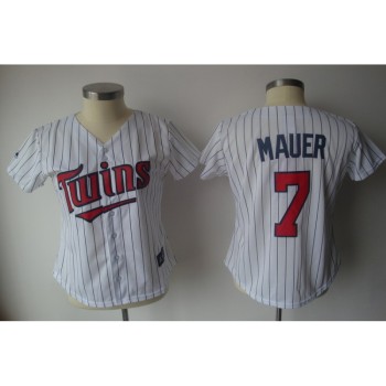 Twins #7 Joe Mauer White With Blue Strip Lady Fashion Stitched MLB Jersey Twins #7 Joe Mauer White With Blue Strip Lady Fashion Stitched MLB Jersey