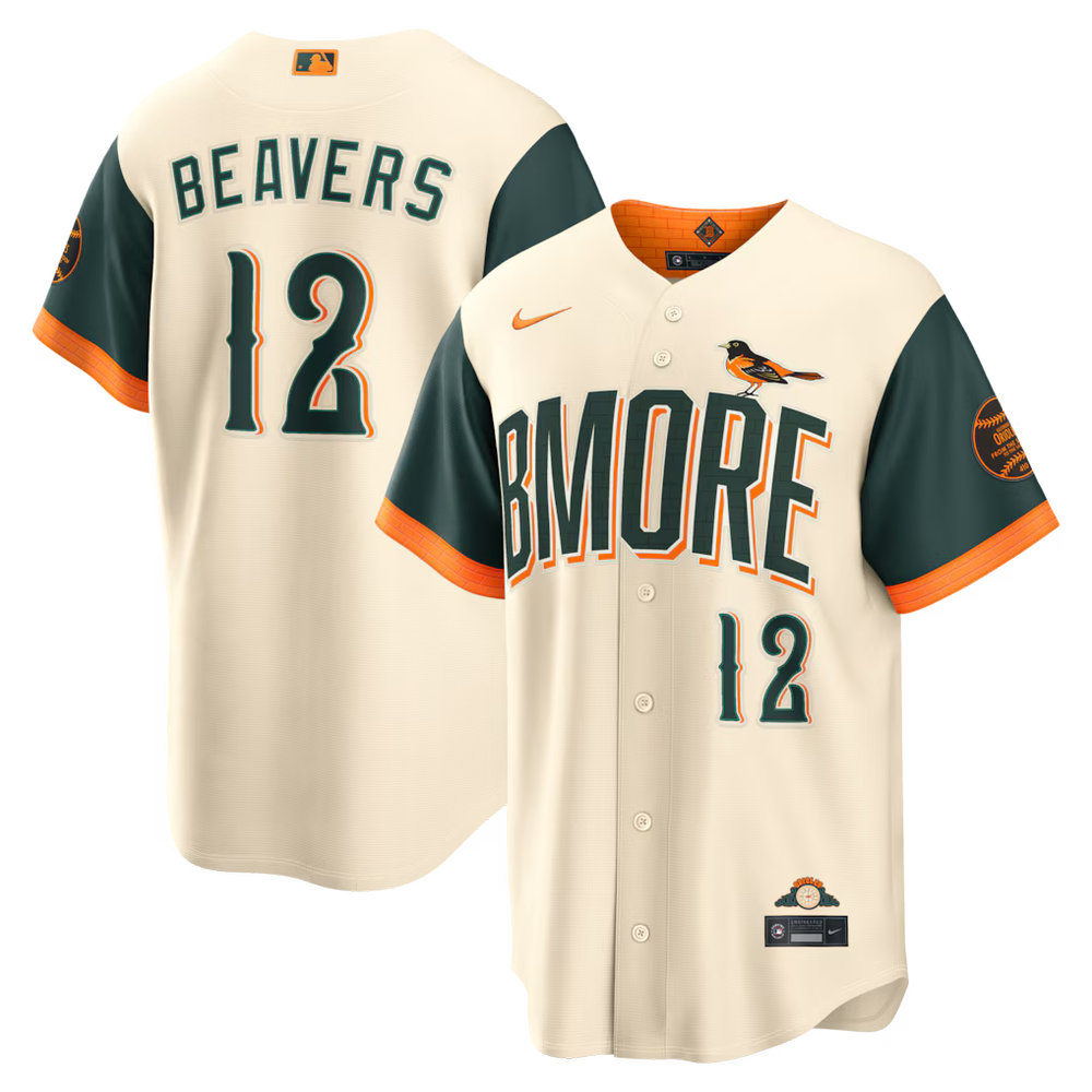 Men's Baltimore Orioles #12 Dylan Beavers Nike Natural 2026 City Connect Stadium Jersey Men's Baltimore Orioles #12 Dylan Beavers Nike Natural 2026 City Connect Stadium Jersey