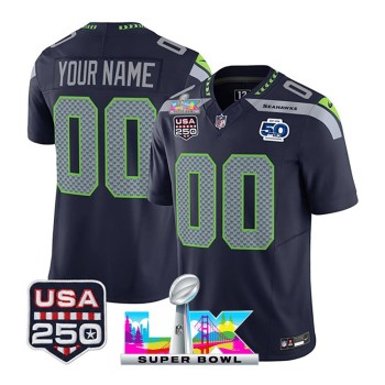 Youth Seattle Seahawks Custom Navy Super Bowl LX Patch 50th Season & USA 250' Patch Vapor F.U.S.E. Limited Jersey