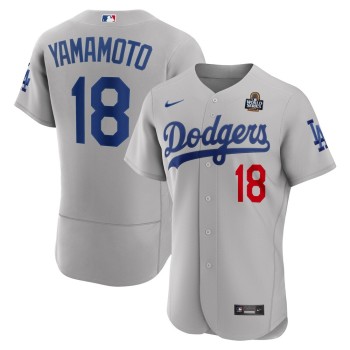 Men's Los Angeles Dodgers #18 Yoshinobu Yamamoto Gray 2024 World Series Alternate Authentic Player Jersey Men's Los Angeles Dodgers #18 Yoshinobu Yamamoto Gray 2024 World Series Alternate Authentic Player Jersey