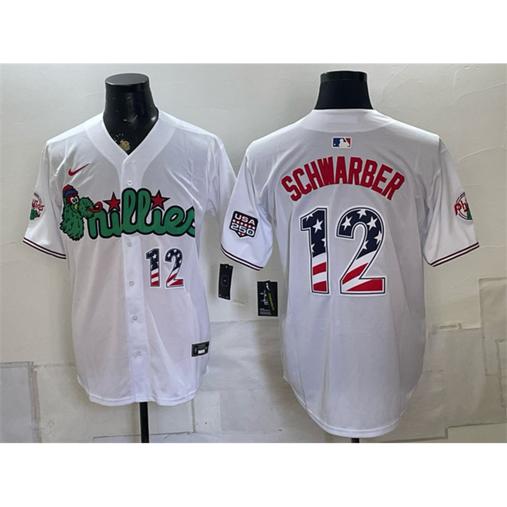 Men's Philadelphia Phillies #12 Kyle Schwarber White Phanatic USA 250 Fourth of July Jersey