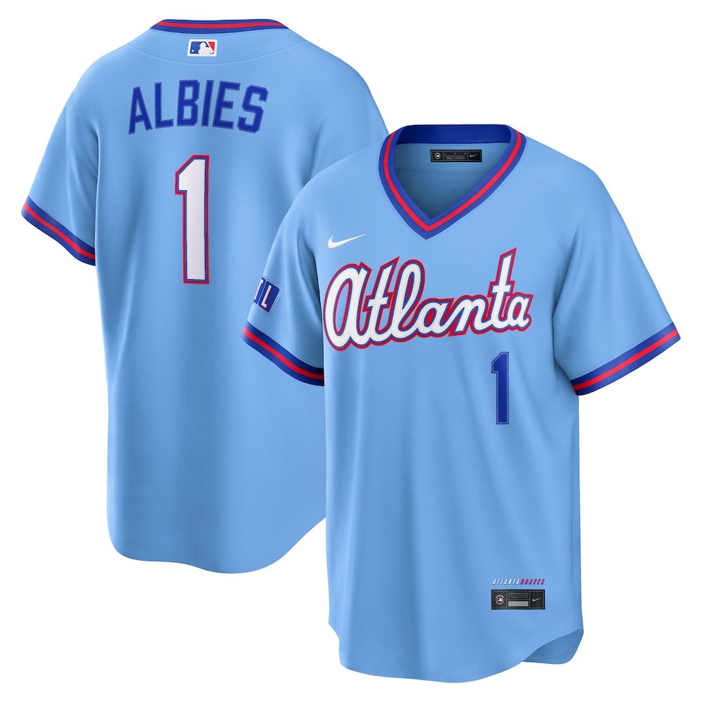 Men's Atlanta Braves #1 Ozzie Albies Powder Blue 2026 City Connect Stitched Jersey Men's Atlanta Braves #1 Ozzie Albies Powder Blue 2026 City Connect Stitched Jersey
