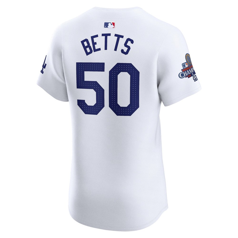 Men's Los Angeles Dodgers #50 Mookie Betts White 2024 World Series Champions Home Elite Player Jersey Men's Los Angeles Dodgers #50 Mookie Betts White 2024 World Series Champions Home Elite Player Jersey