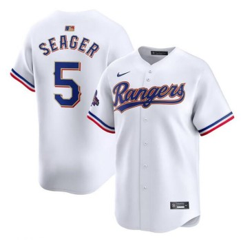 Men's Texas Rangers #5 Corey Seager White 2024 Gold Collection Cool Base Stitched Baseball Jersey Men's Texas Rangers #5 Corey Seager White 2024 Gold Collection Cool Base Stitched Baseball Jersey