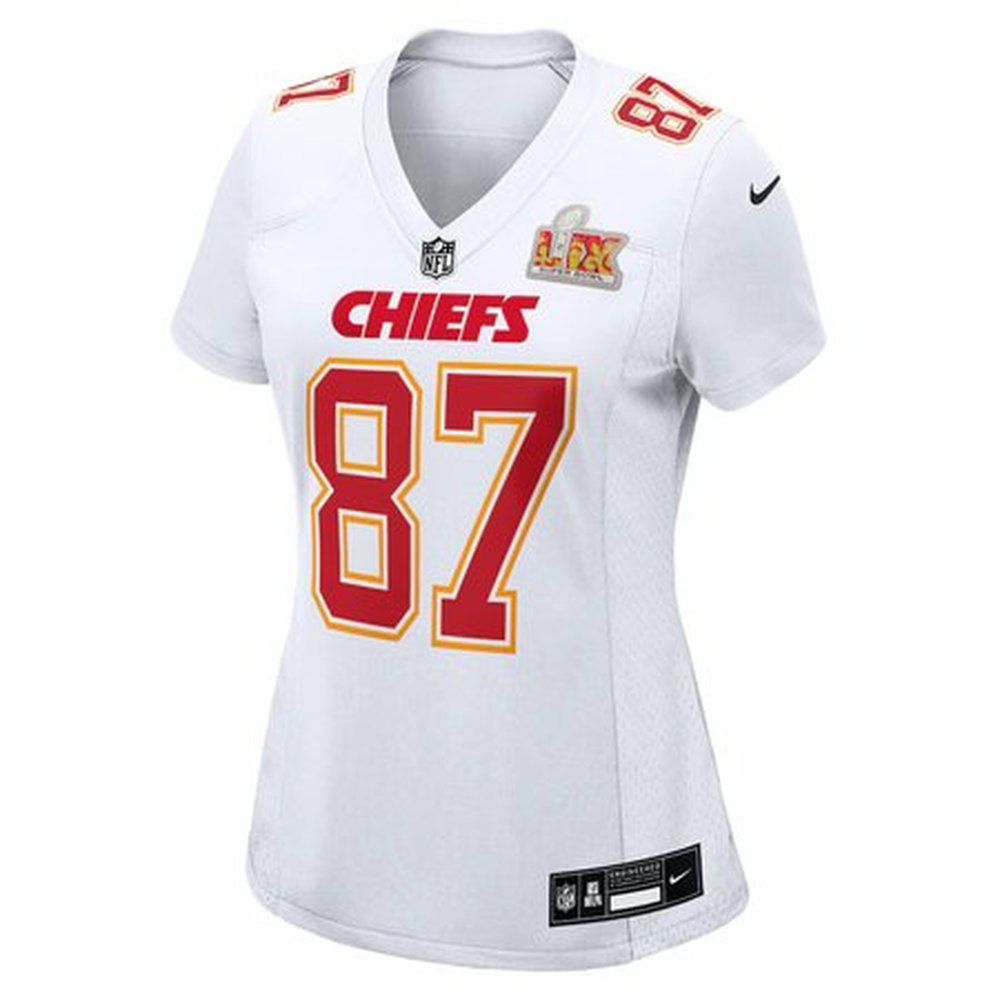 Women's Kansas City Chiefs #87 Travis Kelce Tundra White Super Bowl LIX Fashion Game Jersey