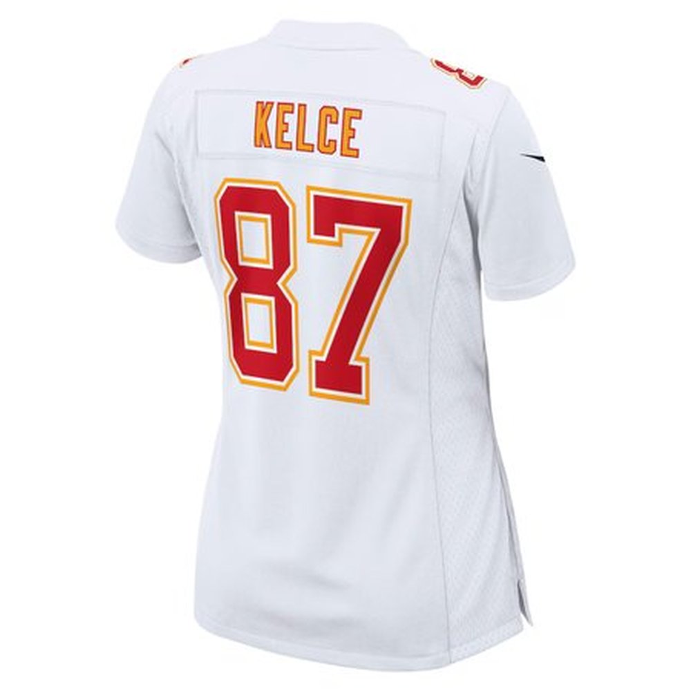 Women's Kansas City Chiefs #87 Travis Kelce Tundra White Super Bowl LIX Fashion Game Jersey
