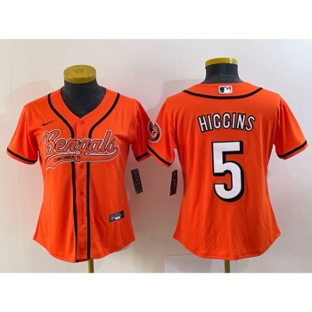 Women's Cincinnati Bengals #5 Tee Higgins Orange With Patch Cool Base Stitched Baseball Jersey(Run Small) Women's Cincinnati Bengals #5 Tee Higgins Orange With Patch Cool Base Stitched Baseball Jersey(Run Small)