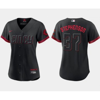 Women's Cincinnati Reds #37 Tyler Stephenson Black 2023 City Connect Stitched Baseball Jersey(Run Small) Women's Cincinnati Reds #37 Tyler Stephenson Black 2023 City Connect Stitched Baseball Jersey(Run Small)