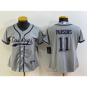 Women's Dallas Cowboys #11 Micah Parsons Grey With Patch Cool Base Stitched Baseball Jersey(Run Small) Women's Dallas Cowboys #11 Micah Parsons Grey With Patch Cool Base Stitched Baseball Jersey(Run Small)