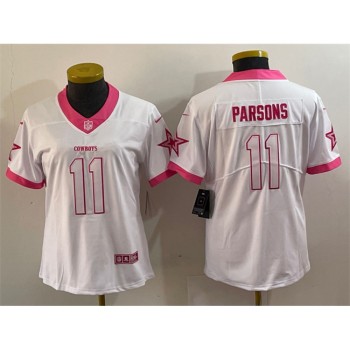 Women's Dallas Cowboys #11 Micah Parsons White Pink Vapor Untouchable Limited Stitched Jersey(Run Small) Women's Dallas Cowboys #11 Micah Parsons White Pink Vapor Untouchable Limited Stitched Jersey(Run Small)