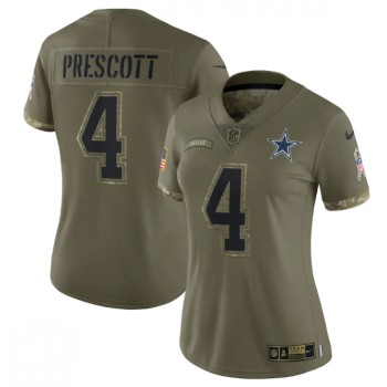 Women's Dallas Cowboys #4 Dak Prescott Olive 2022 Salute To Service Limited Stitched Jersey(Run Small) Women's Dallas Cowboys #4 Dak Prescott Olive 2022 Salute To Service Limited Stitched Jersey(Run Small)