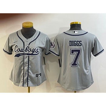 Women's Dallas Cowboys #7 Trevon Diggs Grey With Patch Cool Base Stitched Baseball Jersey(Run Small) Women's Dallas Cowboys #7 Trevon Diggs Grey With Patch Cool Base Stitched Baseball Jersey(Run Small)