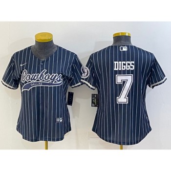 Women's Dallas Cowboys #7 Trevon Diggs Navy With Patch Cool Base Stitched Baseball Jersey(Run Small) Women's Dallas Cowboys #7 Trevon Diggs Navy With Patch Cool Base Stitched Baseball Jersey(Run Small)