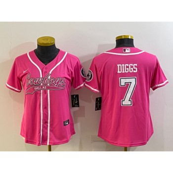 Women's Dallas Cowboys #7 Trevon Diggs Pink With Patch Cool Base Stitched Baseball Jersey(Run Small) Women's Dallas Cowboys #7 Trevon Diggs Pink With Patch Cool Base Stitched Baseball Jersey(Run Small)