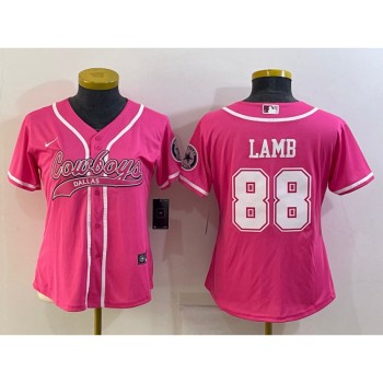 Women's Dallas Cowboys #88 CeeDee Lamb Pink With Patch Cool Base Stitched Baseball Jersey(Run Small) Women's Dallas Cowboys #88 CeeDee Lamb Pink With Patch Cool Base Stitched Baseball Jersey(Run Small)