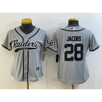 Women's Las Vegas Raiders #28 Josh Jacobs Grey With Patch Cool Base Stitched Baseball Jersey(Run Small) Women's Las Vegas Raiders #28 Josh Jacobs Grey With Patch Cool Base Stitched Baseball Jersey(Run Small)