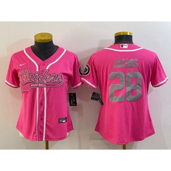 Women's Las Vegas Raiders #28 Josh Jacobs Pink Silver With Patch Cool Base Stitched Baseball Jersey(Run Small) Women's Las Vegas Raiders #28 Josh Jacobs Pink Silver With Patch Cool Base Stitched Baseball Jersey(Run Small)