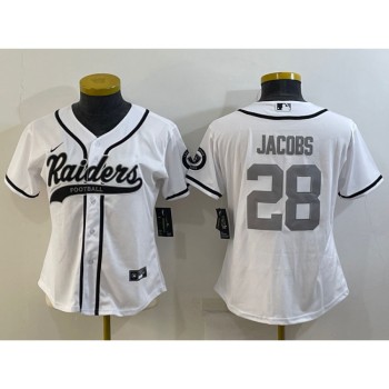 Women's Las Vegas Raiders #28 Josh Jacobs White Silver With Patch Cool Base Stitched Baseball Jersey(Run Small) Women's Las Vegas Raiders #28 Josh Jacobs White Silver With Patch Cool Base Stitched Baseball Jersey(Run Small)