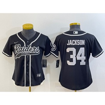 Women's Las Vegas Raiders #34 Bo Jackson Black With Patch Cool Base Stitched Baseball Jersey(Run Small) Women's Las Vegas Raiders #34 Bo Jackson Black With Patch Cool Base Stitched Baseball Jersey(Run Small)