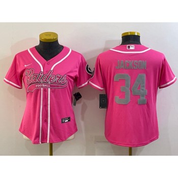 Women's Las Vegas Raiders #34 Bo Jackson Pink Silver With Patch Cool Base Stitched Baseball Jersey(Run Small) Women's Las Vegas Raiders #34 Bo Jackson Pink Silver With Patch Cool Base Stitched Baseball Jersey(Run Small)