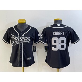 Women's Las Vegas Raiders #98 Maxx Crosby Black With Patch Cool Base Stitched Baseball Jersey(Run Small) Women's Las Vegas Raiders #98 Maxx Crosby Black With Patch Cool Base Stitched Baseball Jersey(Run Small)