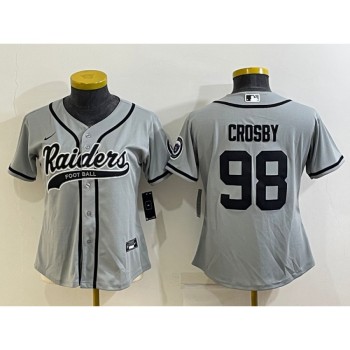 Women's Las Vegas Raiders #98 Maxx Crosby Grey With Patch Cool Base Stitched Baseball Jersey(Run Small) Women's Las Vegas Raiders #98 Maxx Crosby Grey With Patch Cool Base Stitched Baseball Jersey(Run Small)