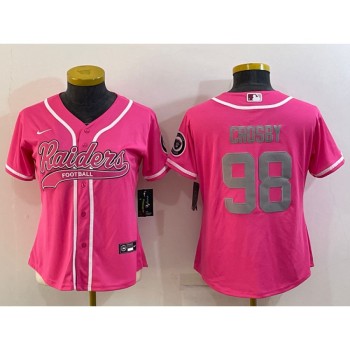 Women's Las Vegas Raiders #98 Maxx Crosby Pink Silver With Patch Cool Base Stitched Baseball Jersey(Run Small) Women's Las Vegas Raiders #98 Maxx Crosby Pink Silver With Patch Cool Base Stitched Baseball Jersey(Run Small)
