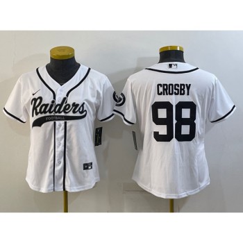 Women's Las Vegas Raiders #98 Maxx Crosby White With Patch Cool Base Stitched Baseball Jersey(Run Small) Women's Las Vegas Raiders #98 Maxx Crosby White With Patch Cool Base Stitched Baseball Jersey(Run Small)