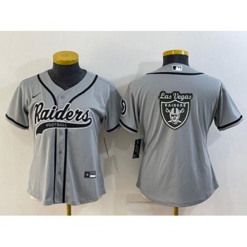 Women's Las Vegas Raiders Grey Team Big Logo With Patch Cool Base Stitched Baseball Jersey(Run Small) Women's Las Vegas Raiders Grey Team Big Logo With Patch Cool Base Stitched Baseball Jersey(Run Small)